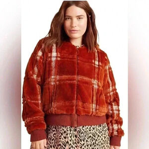 Anthropologie faux fur zip up teddy bomber jacket size 3X plus size coat